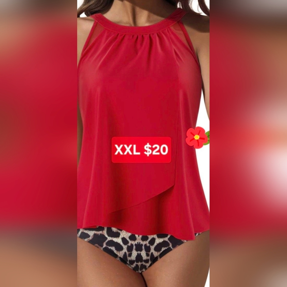 Red Halter Tankini Top with Leopard Print Bottoms XXL